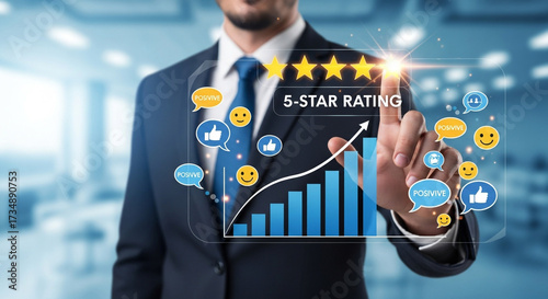 Professional businessman interacts with a glowing virtual 5-star rating, symbolizing exceptional customer experience and growing success