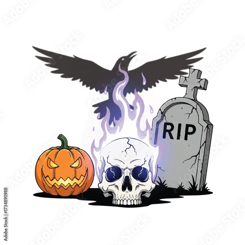 Halloween scene a pumpkin a skull with spectral flames a crow and a tombstone