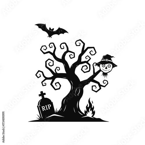 Halloween scene A spooky tree with a bat tombstone fire and scarecrow head
