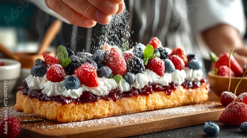Delicious Berry Cake with Whipped Cream and Powdered Sugar