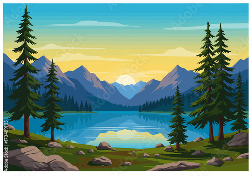Sunset over a serene lake surrounded by mountains and evergreen trees