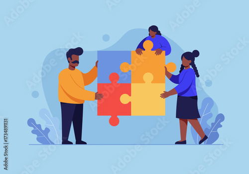 Three people assemble a square puzzle with four colored pieces on a blue background