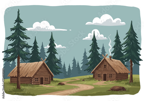 Two log cabins sit in a green wooded clearing with a winding path and tall evergreen trees under a cloudy sky