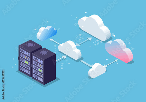 Two server towers connect to isometric clouds with arrows on a blue background