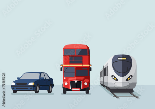 A blue car red doubledecker bus and gray train sit sidebyside against a light blue background