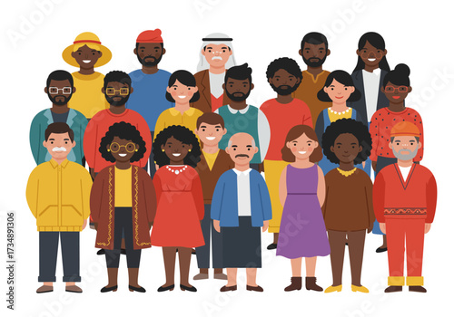A diverse group of illustrated people stand together showcasing a variety of cultural backgrounds and styles