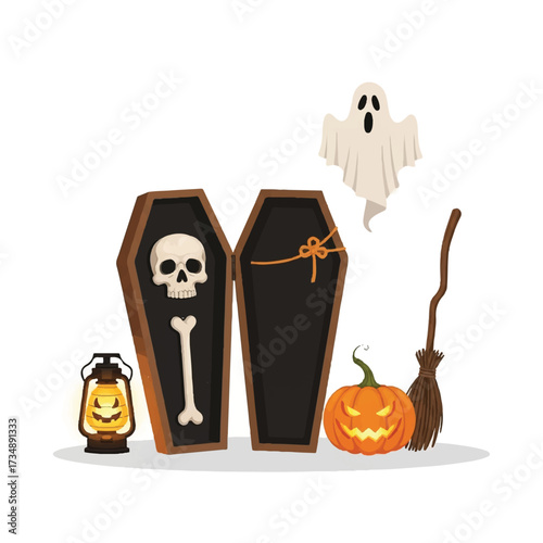 Halloween scene open coffins skull pumpkin ghost lamp and broom