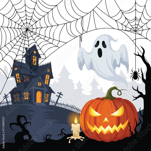 Halloween scene haunted house ghost lit pumpkin spiderweb and candle