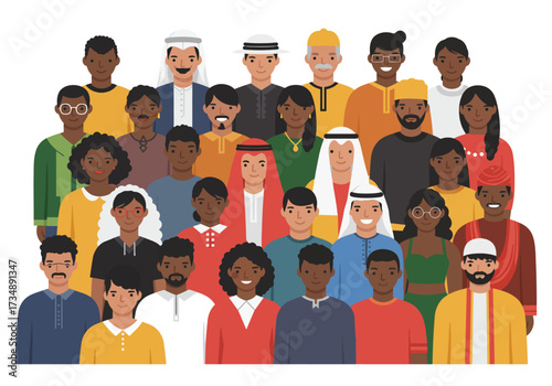 A group of diverse people from various cultures and backgrounds standing close together
