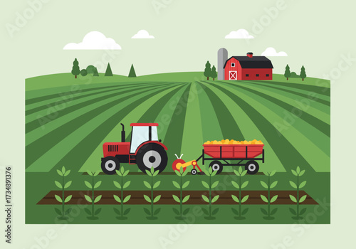 A red tractor pulls a wagon loaded with yellow items across a green field towards a red barn under a cloudy sky