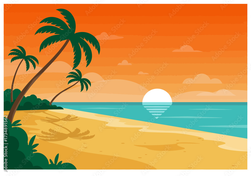 Obraz premium Beach scene at sunset palm trees sand water reflecting the sun