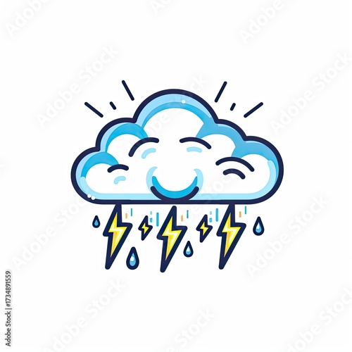 Smiling cartoon cloud with rain and lightning on white. Weather forecast use
