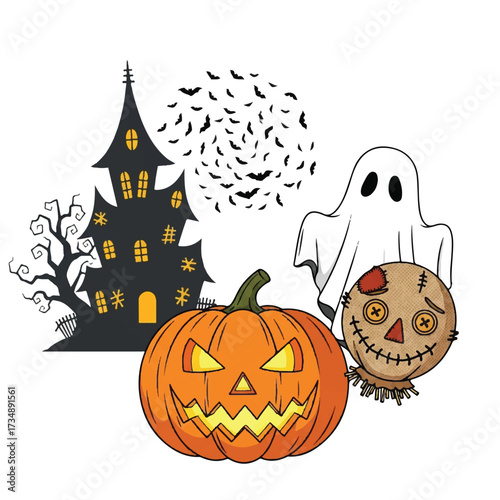 Halloween scene with a haunted house bats pumpkin ghost and scarecrow