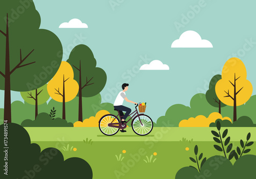 Bicyclist rides through a park landscape with trees bushes and clouds in a light blue sky