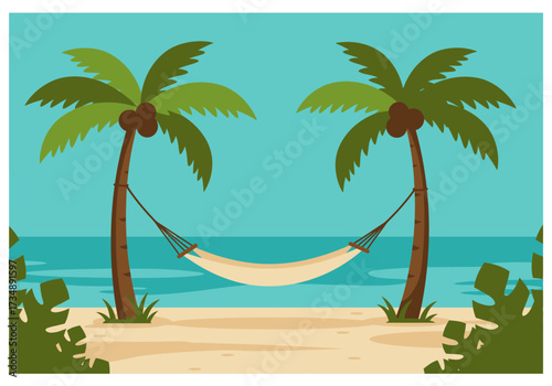 Cartoon beach scene with palm trees supporting a hammock against a blue sea and sky