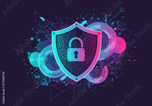 Digital shield with a lock circuit patterns and abstract circular shapes