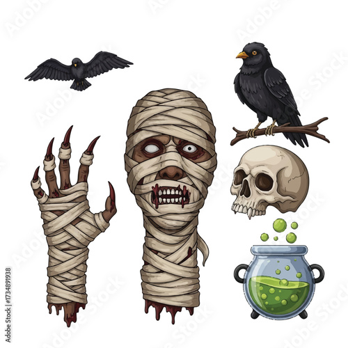 Halloween themed pixel art with crow mummy skull and cauldron on white background