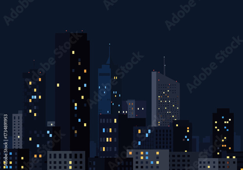 Pixel art skyline at night Dark skyscrapers with illuminated windows against a deep blue sky