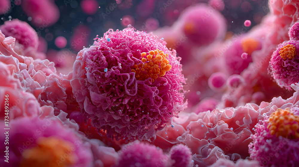 Fototapeta premium High detail visualization of cancer cells in vibrant pink hues, showcasing their intricate structures and textures. This highlights complexity of cellular biology and importance of cancer research