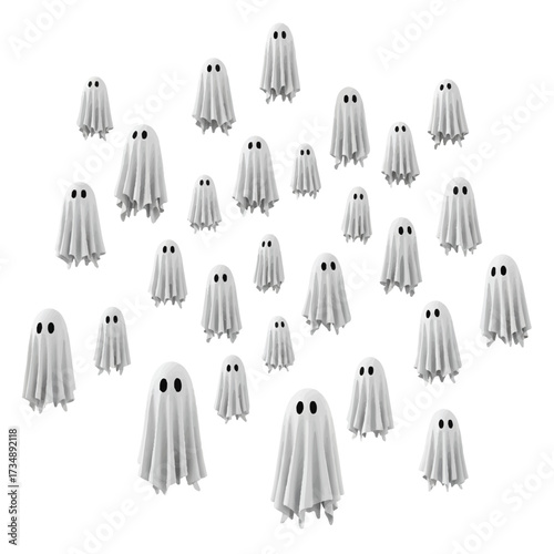 Many grayscale ghosts with two black eyes scattered across a white background
