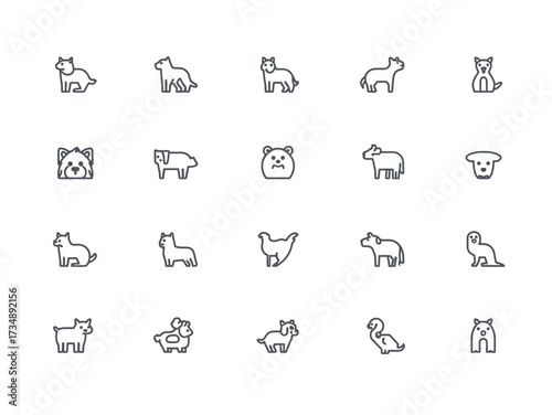 Collection of minimal line art animals displayed on white, showcasing simplicity and variety in animal representations, creating a clean and modern aesthetic.