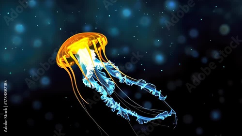Celestial Dance of the Jellyfish: A mesmerizing jellyfish glows with vibrant luminescence, gracefully drifting through a deep, mysterious ocean.