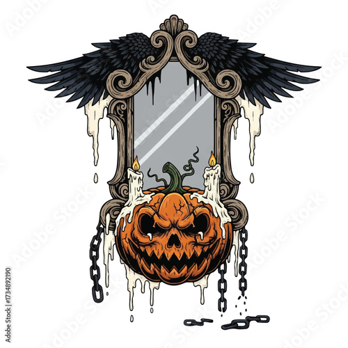 Ornate mirror with crow wings a jackolantern lit candles dripping wax and a broken chain