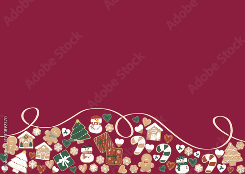 Christmas cookie pattern background on deep red, festive wallpaper with random arrangement from bottom to center