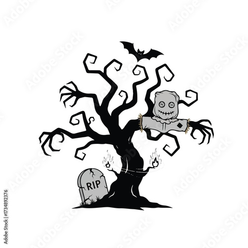 Silhouette of a spooky tree tombstone sackcloth head and bat against white