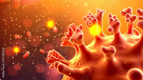 Microscopic Marvel: A striking visual of a pathogen, possibly a virus or bacteria, revealed in a vibrant orange hue against a backdrop of scattered particles.