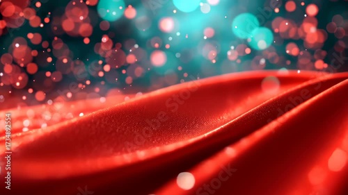 Crimson Velvet Fabric: An abstract design featuring flowing waves of soft, crimson velvet, highlighted by an array of ethereal, shimmering bokeh.