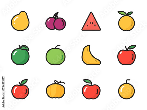 Assorted fruits arranged in neat rows, showcasing vibrant colors and simple shapes, perfect for a cheerful and healthy theme.