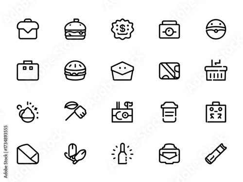 Simple outline style drawings of various everyday objects representing commerce and daily life on a white backdrop, creating a modern and minimalist aesthetic.