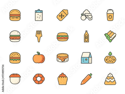 Collection of food items displayed as simple drawings on a white surface showcasing various culinary delights in a minimalist style.