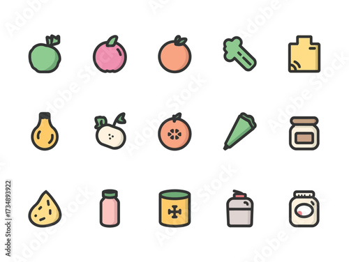 Assortment of colorful food items displayed on white surface representing healthy eating and diverse nutrition choices.