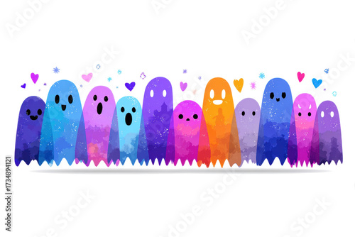 Group of colorful cartoon ghosts with hearts cute vector illustration for Halloween isolated on white background