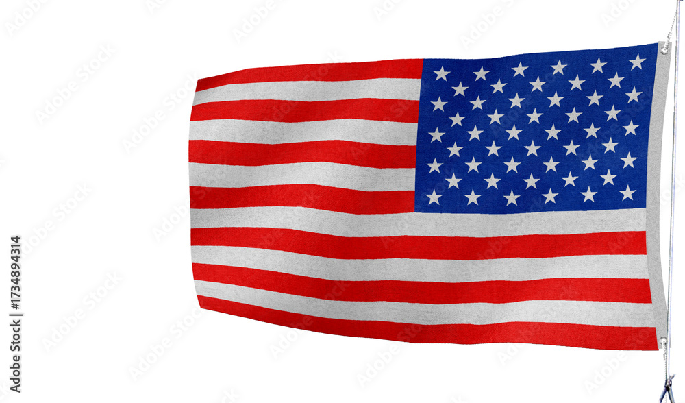 Fototapeta premium High-quality united states national flag close-up flag waving on a white background - Symbol of culture, heritage, and patriotism