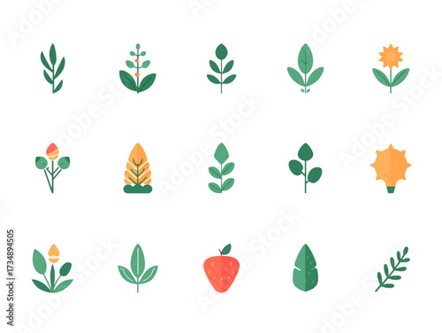 Minimalist plant elements arranged in neat rows on white backdrop evoke a sense of calm and natural beauty, perfect for spring or ecofriendly themes.