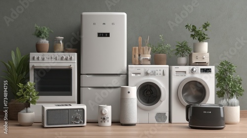 Elegant arrangement of essential household appliances with fresh green plants