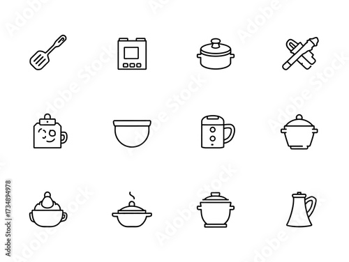 Kitchen utensils arranged neatly on white surface represent cooking and meal preparation in minimalist style.