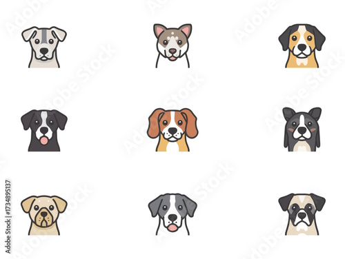 Collection of dog breeds displayed as cute cartoon faces with various markings against a plain white backdrop, creating a playful and friendly vibe.
