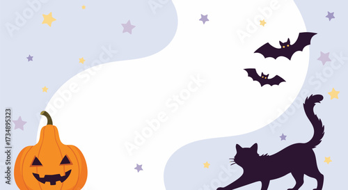 A charming flat illustration for Halloween featuring a carved pumpkin, a black cat silhouette, and flying bats against a light blue sky with whimsical stars