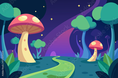 A whimsical cartoon illustration of a red toadstool mushroom in the forest grass among autumn leaves, an example of nature and fungi art