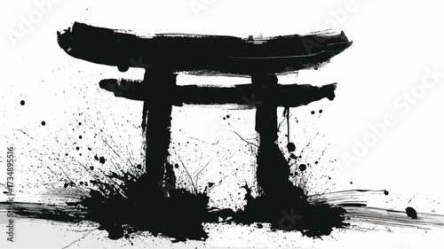 Abstract ink brush illustration of Japanese torii shrine gate in grunge style