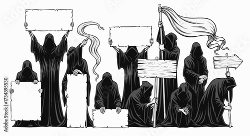 A collection of grim reaper or hooded figures holding blank protest signs, banners, and directional arrows in a customizable graphic set