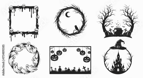 A collection of spooky Halloween-themed vector graphics and frames featuring skulls, ghosts, pumpkins, cauldrons, and haunted castles