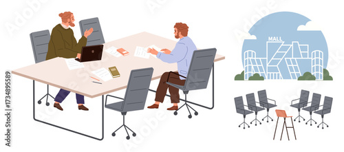 Two colleagues at a meeting table with laptops and papers, engaging in business discussions. Chairs, mall silhouette, and professional setting. Ideal for business, collaboration, planning, teamwork