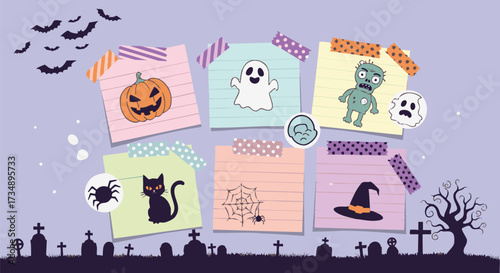 A fun collection of cute Halloween icons like a pumpkin, ghost, zombie, and cat displayed on colorful sticky notes against a spooky graveyard background