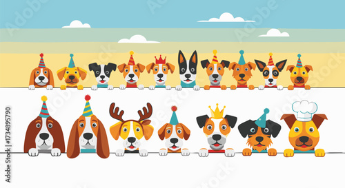 A group of adorable cartoon dogs wearing party hats and costumes, peeking over a white banner