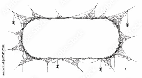 A spooky, detailed black and white illustration of a Halloween spider web border with hanging spiders